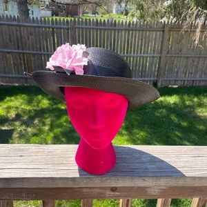 Vintage Straw Hat Black with Pink Flower